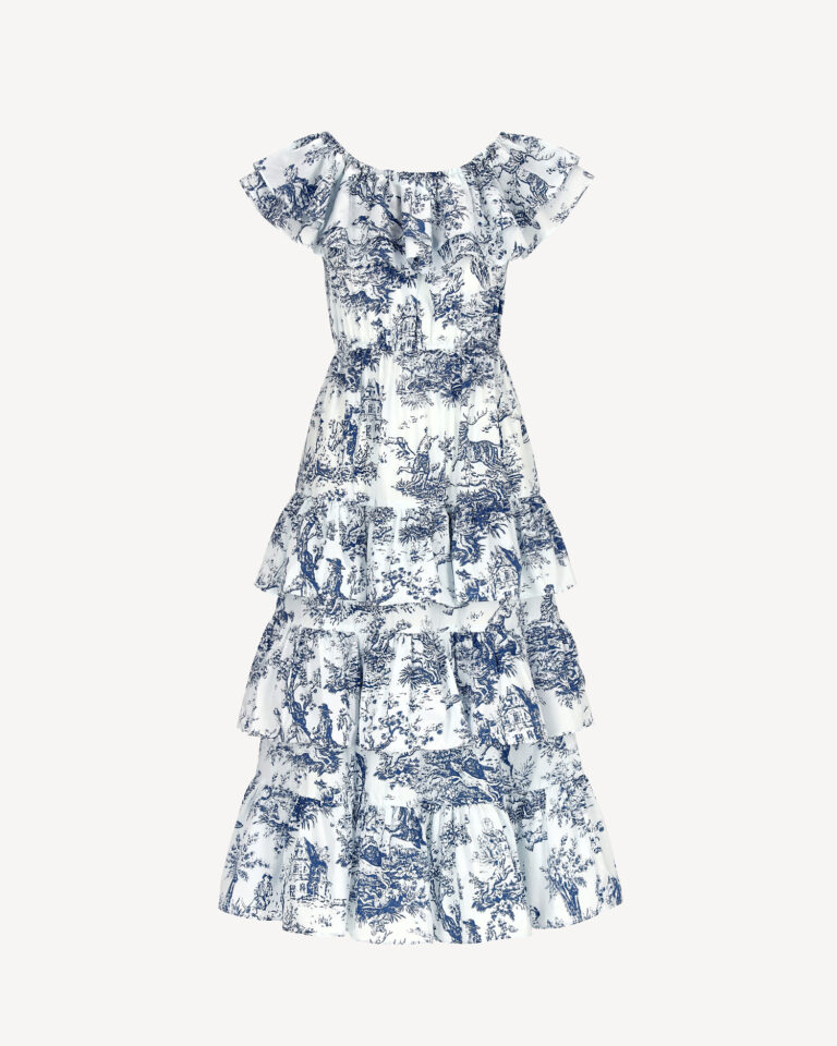 sukienka maxi bawełniana biało niebieska toile de jouy castellani