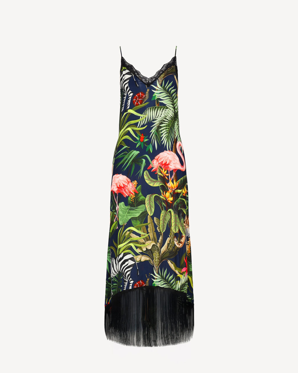 Zielona sukienka maxi w print z frędzlami