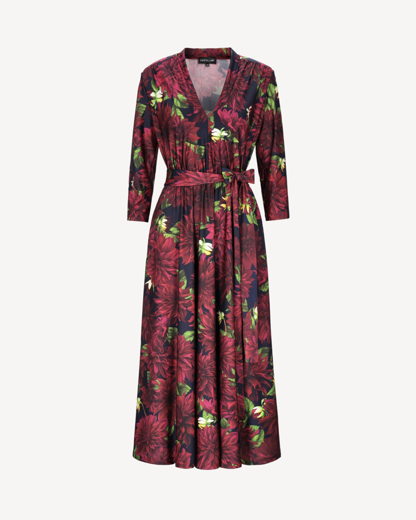 Bordowa sukienka midi w print kwiatowy