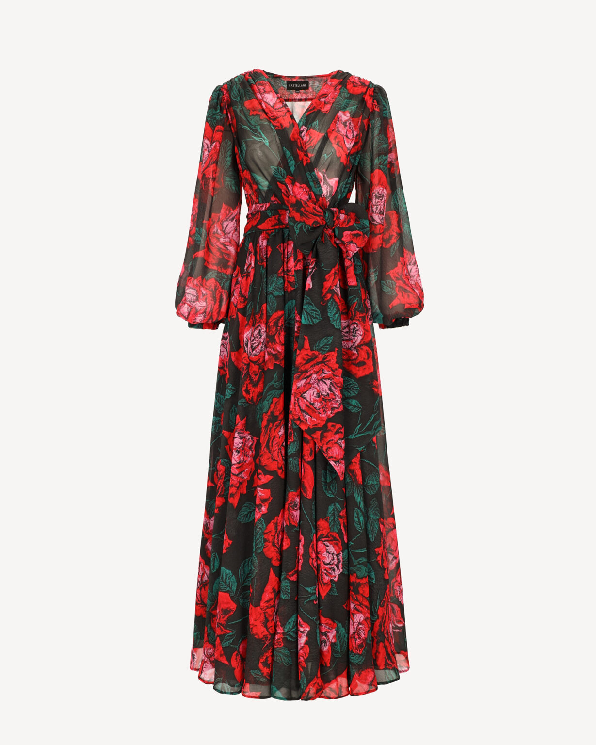 Sukienka maxi o spektakularnym kroju z obszernym podwójnym dołem