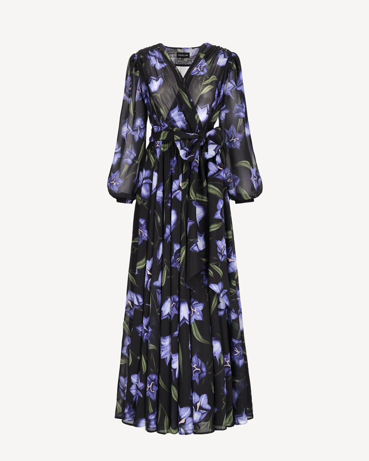 czarno-fioletowa Sukienka maxi w kwiaty z wiązaniem