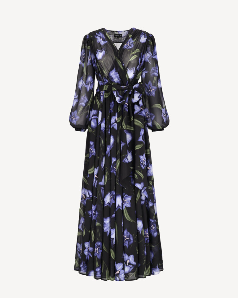 czarno-fioletowa Sukienka maxi w kwiaty z wiązaniem