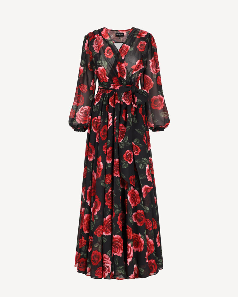 Czarno-czerwona Sukienka maxi w kwiaty z wiązaniem