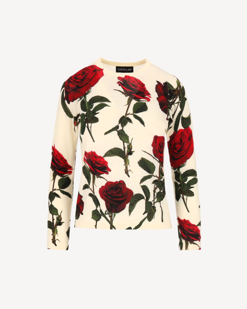 Sweter z motywem czerwonych róż – wełna & kaszmir