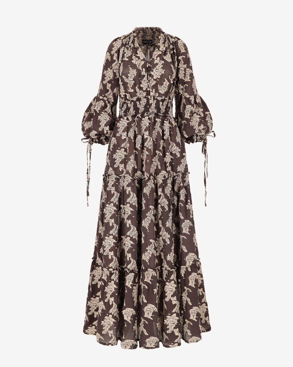 brązowa sukienka maxi boho z marszczeniem i falbanami