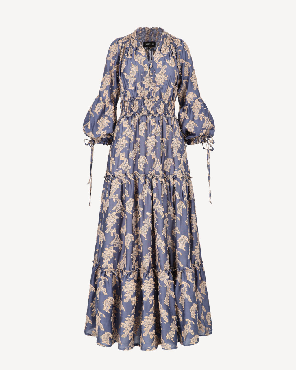 niebieska sukienka maxi boho z marszczeniem i falbanami