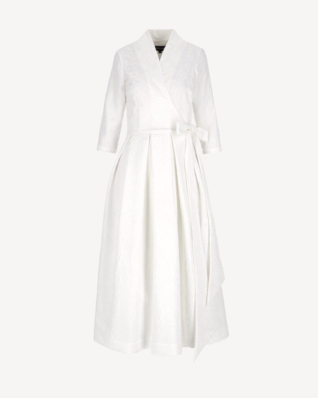 Sukienka midi żakardowa biała z kopertowym dekoltem i wiązaniem w talii