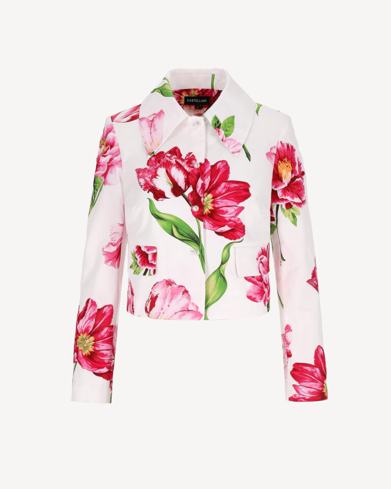 Bawełniany żakiet damski w kwiaty, krótki fason