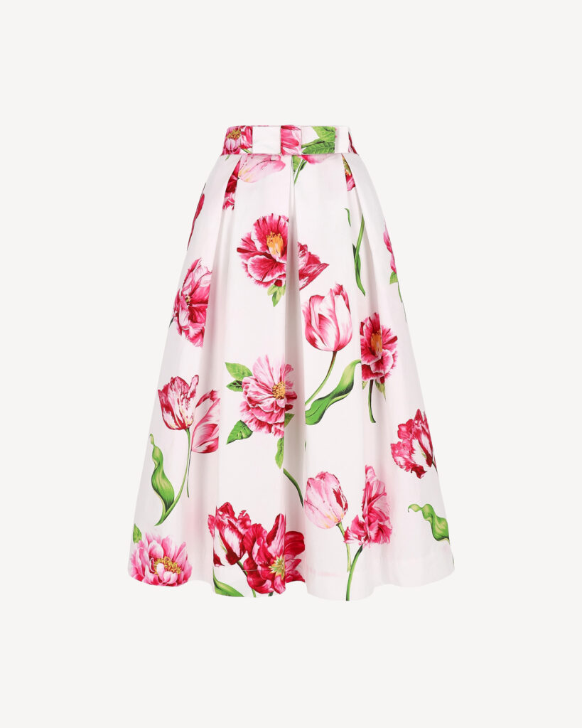bawełniana spódnica midi w kwiaty z kieszeniami elegancka