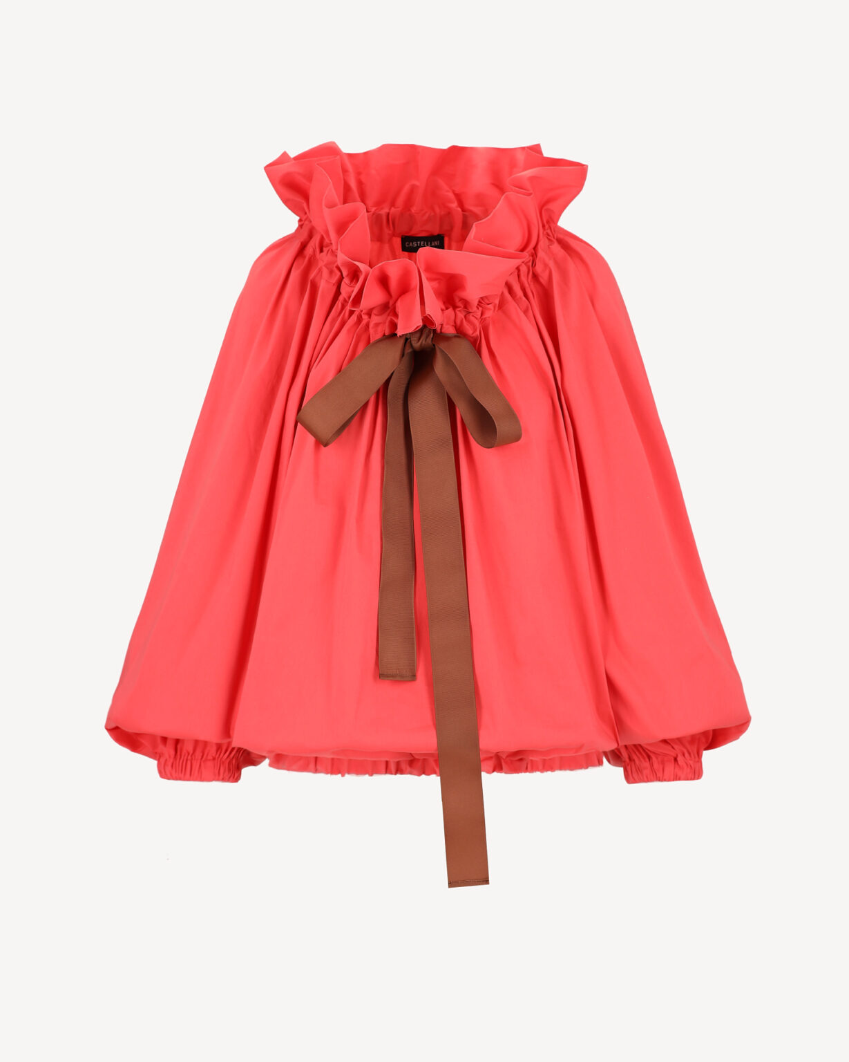 Koralowa bluzka bawełniana z falbaną i wiązaniem przy szyi Castellani