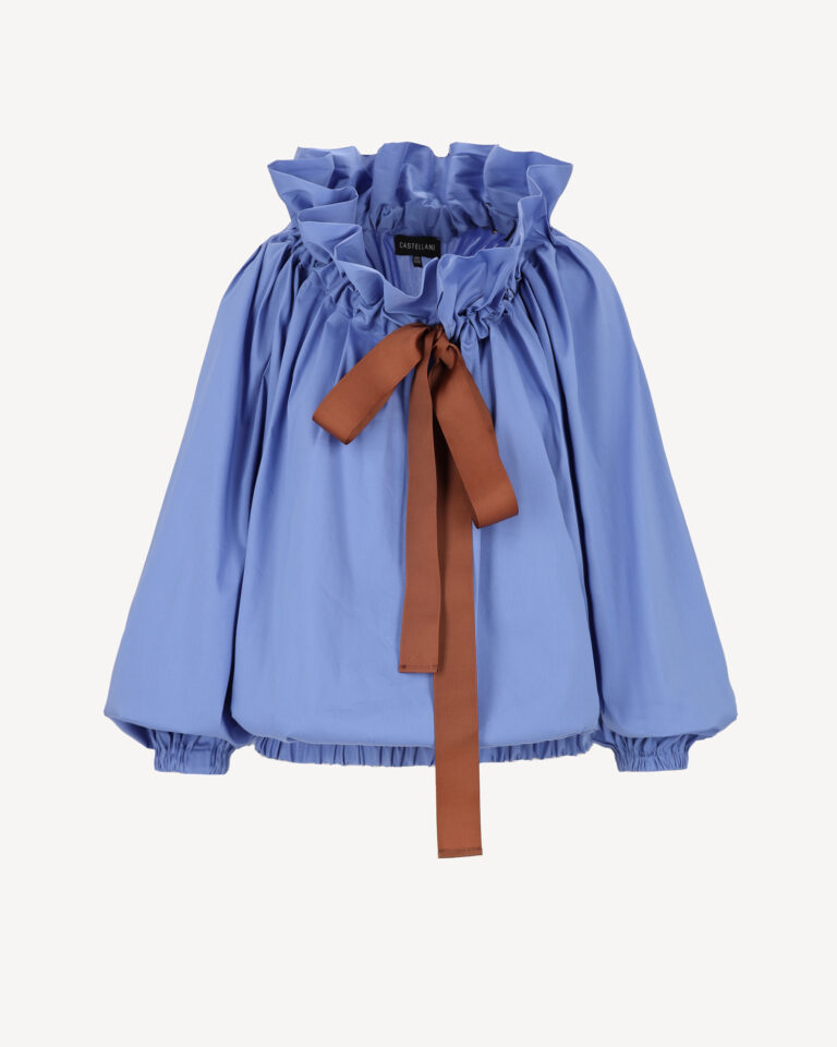 Niebieska bluzka bawełniana z falbaną i wiązaniem przy szyi Castellani