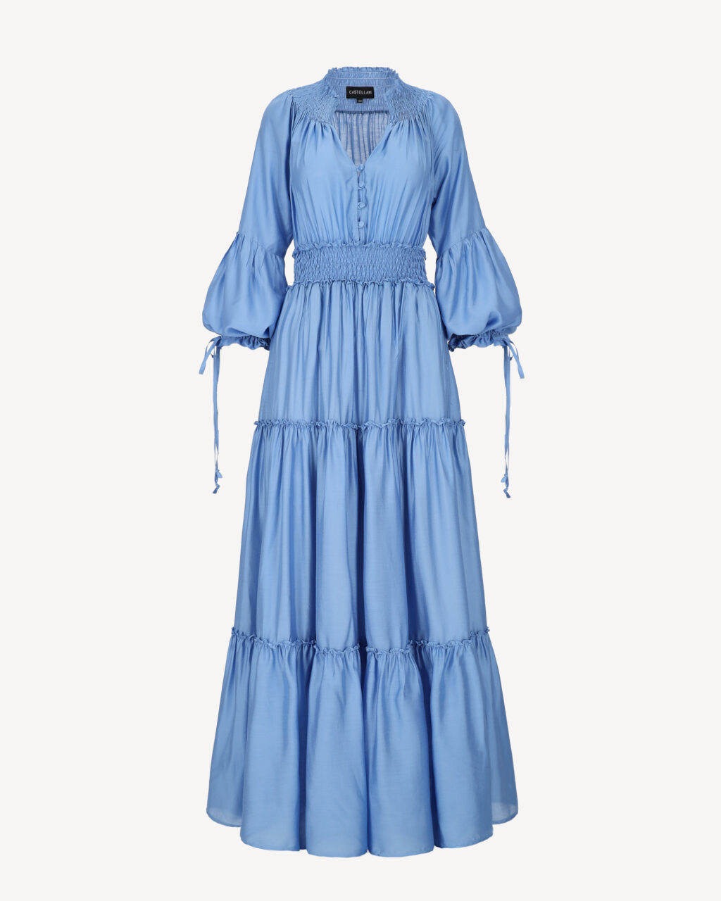 Sukienka maxi CASTELLANI w kolorze błękitnym z marszczeniami i bufiastymi rękawami