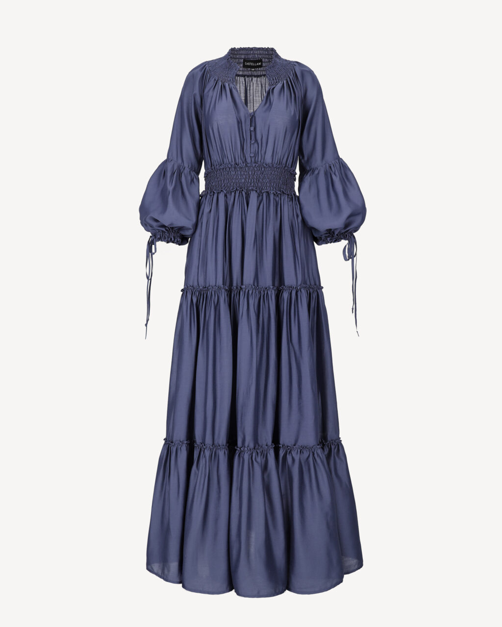 granatowa sukienka midi tencel jedwab marszczona talia CASTELLANI