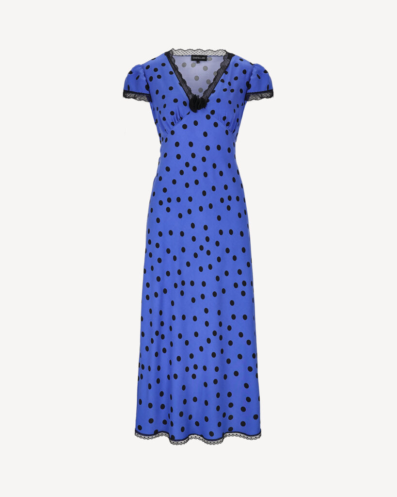 CASTELLANI cobalt blue midi dress with black polka dots and lace trim