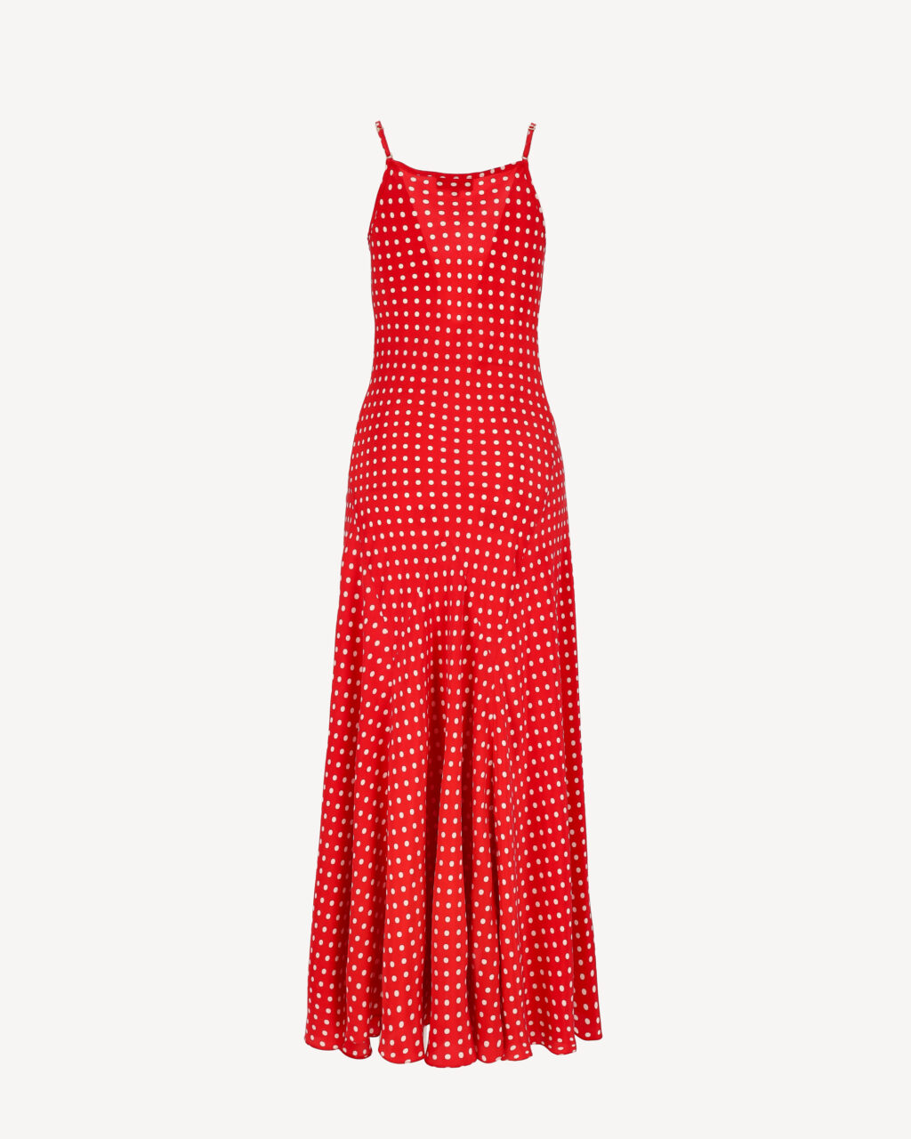 Długa jedwabna sukienka czerwona w białe groszki na cienkich ramiączkach