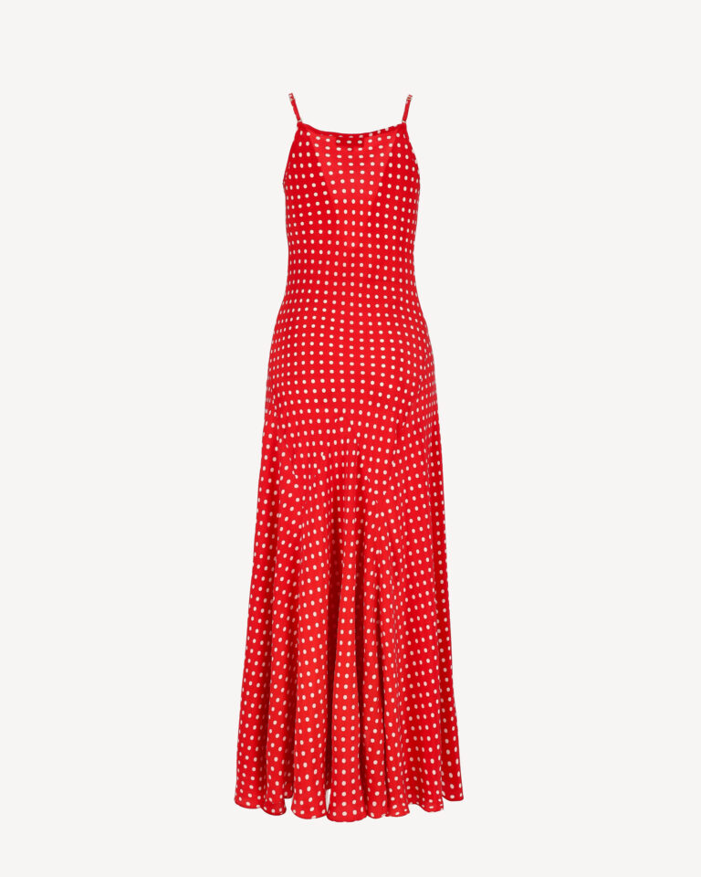 Długa jedwabna sukienka czerwona w białe groszki na cienkich ramiączkach