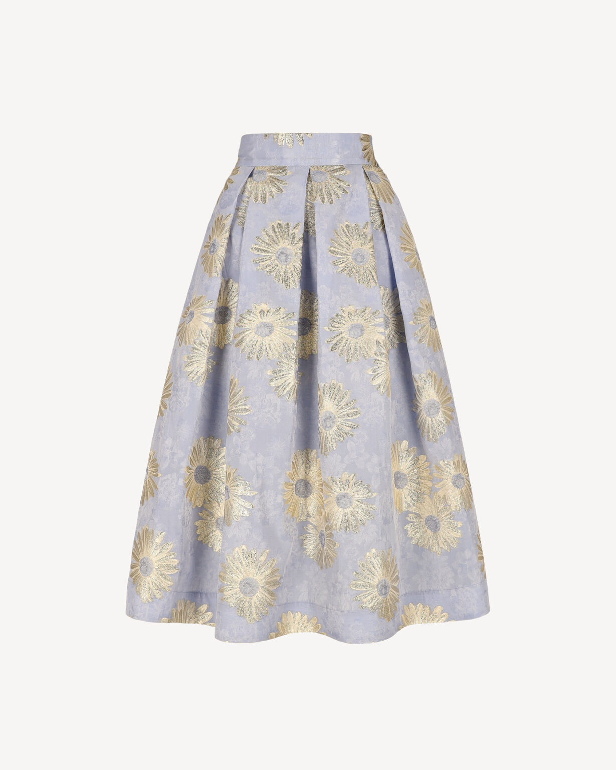 Błękitna spódnica midi żakardowa w kwiaty z kieszeniami