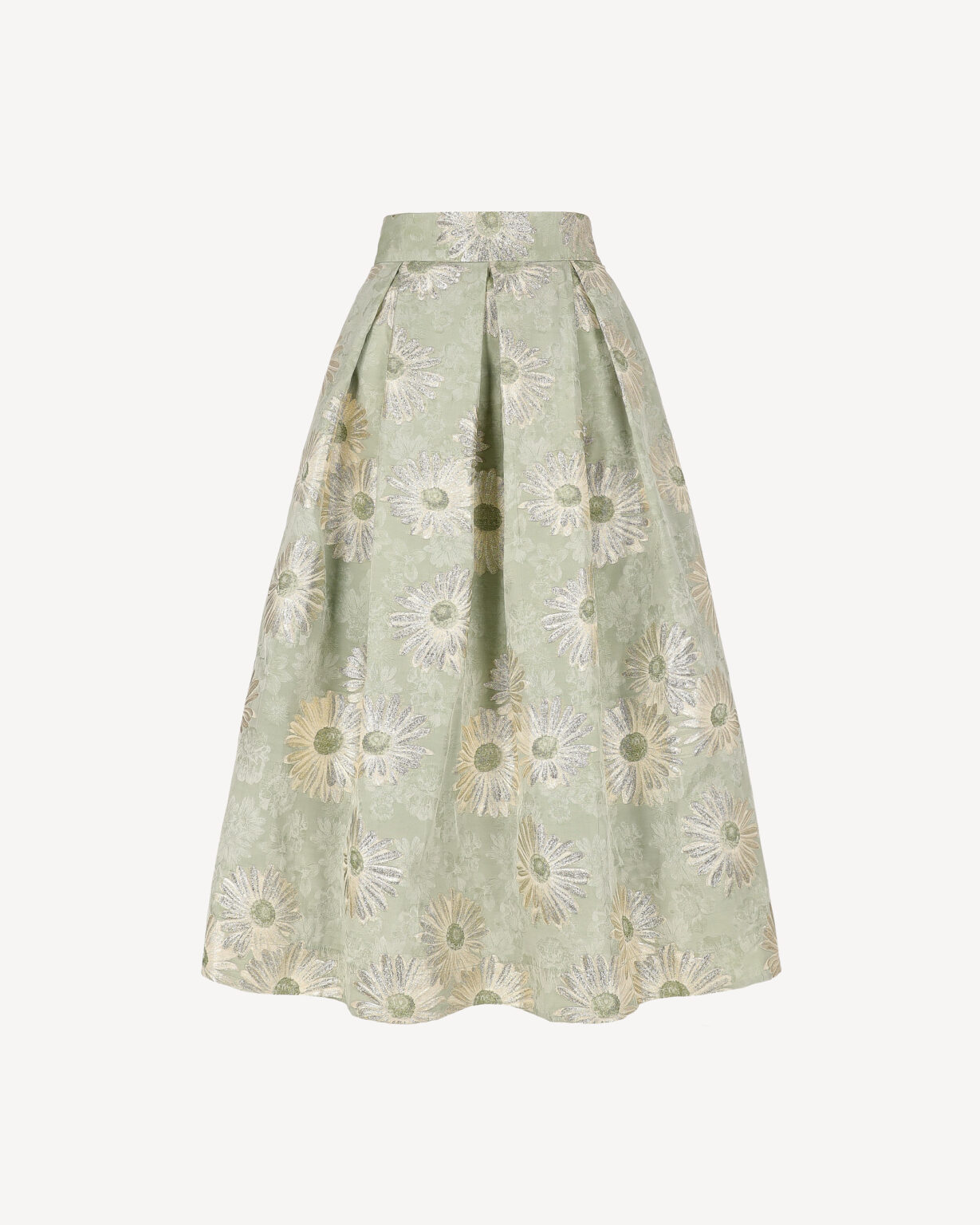 Zielona spódnica midi żakardowa w kwiaty z kieszeniami