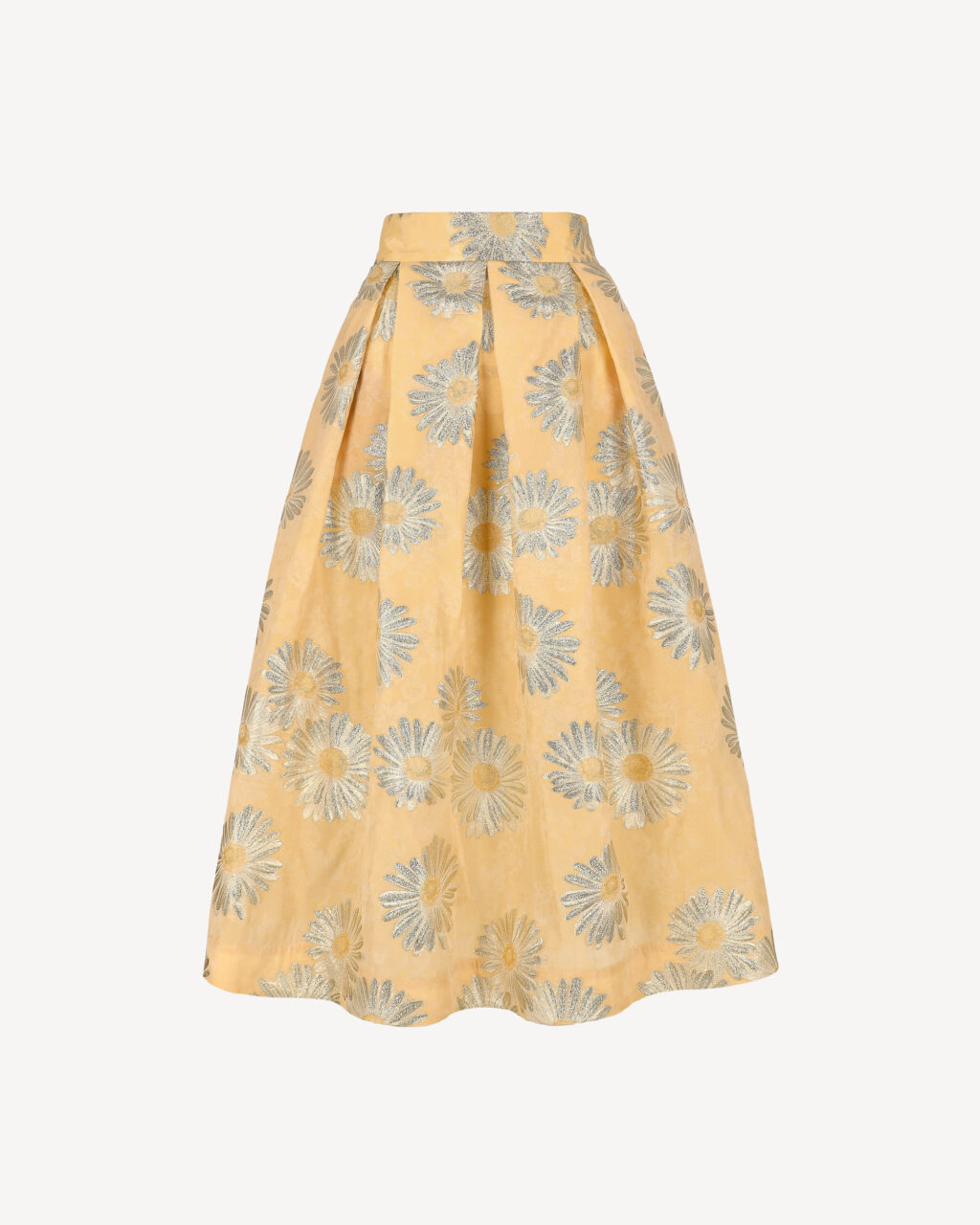 Ż&oacute;łta sp&oacute;dnica midi żakardowa w kwiaty z kieszeniami