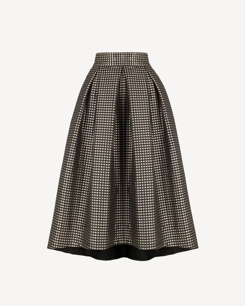Elegancka rozkloszowana spódnica midi CASTELLANI w czarno-szampańskim geometrycznym wzorze z kieszeniami
